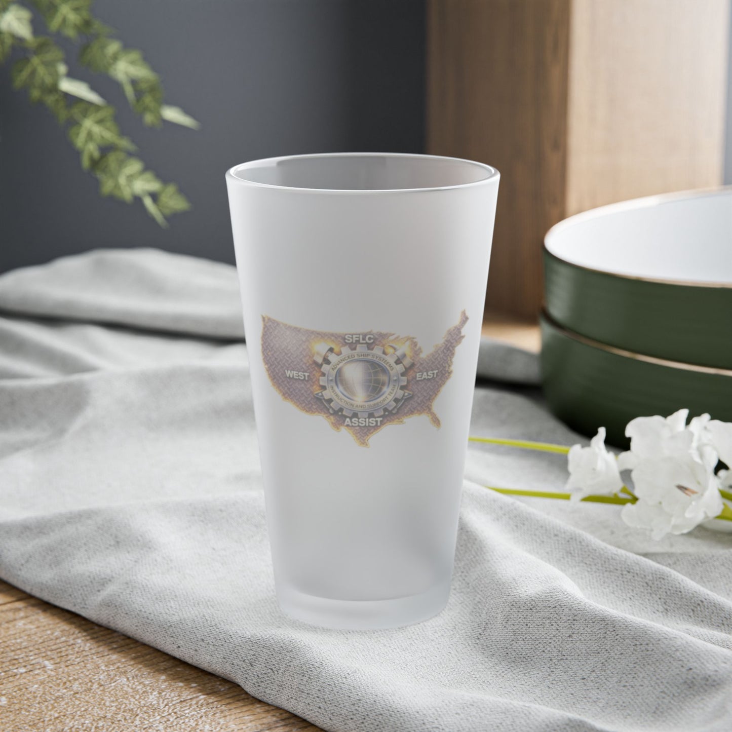 Frosted 16oz Pint Glass – Rustic SFLC ASSIST Emblem Beer Glass